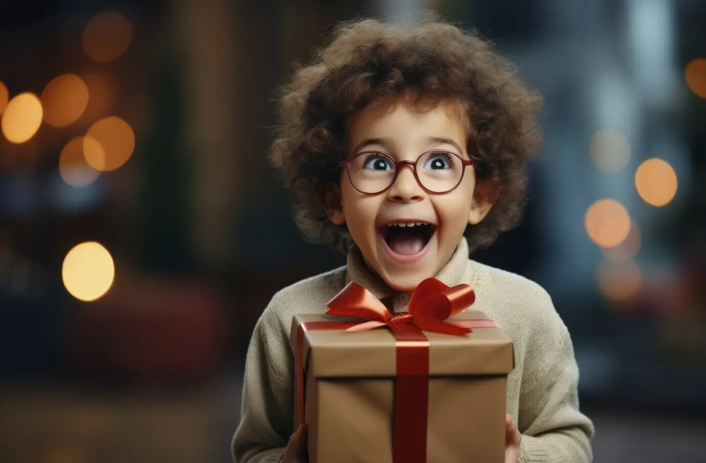 Porträt eines lächelnden Jungen mit einem Geschenk